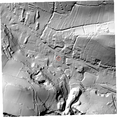 Shaded relief map of the ground around EX340PP, computed from Environment Agency LiDAR. The ground here sits at about 38 m above sea level and falls 132 m across the surrounding 800 m. Surface water reaching this point runs off ground lying to the north-east, 16.0 m higher.