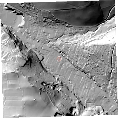 Shaded relief map of the ground around EX340PR, computed from Environment Agency LiDAR. The ground here sits at about 15 m above sea level and falls 98 m across the surrounding 800 m. Surface water reaching this point runs off ground lying to the north-east, 21.7 m higher.