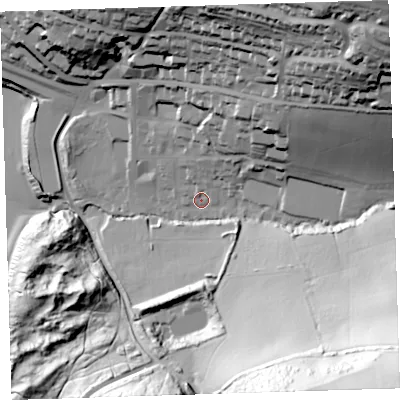Shaded relief map of the ground around EX347BD, computed from Environment Agency LiDAR. The ground here sits at about 19 m above sea level and falls 109 m across the surrounding 800 m. Surface water reaching this point runs off ground lying to the north-east, 60.9 m higher.