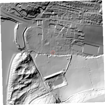 Shaded relief map of the ground around EX347BE, computed from Environment Agency LiDAR. The ground here sits at about 17 m above sea level and falls 109 m across the surrounding 800 m. Surface water reaching this point runs off ground lying to the south-east, 96.0 m higher.