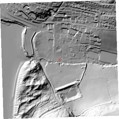 Shaded relief map of the ground around EX347BG, computed from Environment Agency LiDAR. The ground here sits at about 16 m above sea level and falls 105 m across the surrounding 800 m. Surface water reaching this point runs off ground lying to the south-east, 92.3 m higher.