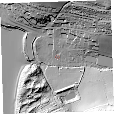 Shaded relief map of the ground around EX347BN, computed from Environment Agency LiDAR. The ground here sits at about 17 m above sea level and falls 100 m across the surrounding 800 m. Surface water reaching this point runs off ground lying to the north-east, 85.3 m higher.