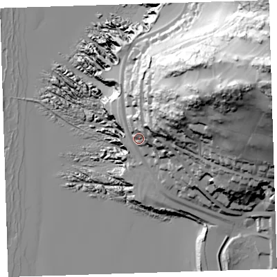 Shaded relief map of the ground around EX347DJ, computed from Environment Agency LiDAR. The ground here sits at about 24 m above sea level and falls 121 m across the surrounding 800 m. Surface water reaching this point runs off ground lying to the east-north-east, 68.4 m higher.