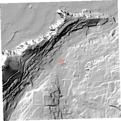 Shaded relief map of the ground around EX348AD, computed from Environment Agency LiDAR. The ground here sits at about 16 m above sea level and falls 100 m across the surrounding 800 m. Surface water reaching this point runs off ground lying to the west, 85.9 m higher.