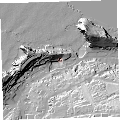 Shaded relief map of the ground around EX348AF, computed from Environment Agency LiDAR. The ground here sits at about 10 m above sea level and falls 79 m across the surrounding 800 m. Surface water reaching this point runs off ground lying to the south-south-east, 55.5 m higher.