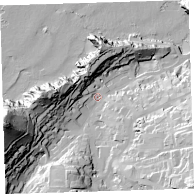 Shaded relief map of the ground around EX348AN, computed from Environment Agency LiDAR. The ground here sits at about 15 m above sea level and falls 99 m across the surrounding 800 m. Surface water reaching this point runs off ground lying to the west-south-west, 86.7 m higher.