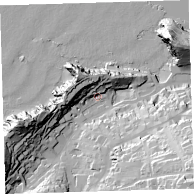 Shaded relief map of the ground around EX348AQ, computed from Environment Agency LiDAR. The ground here sits at about 12 m above sea level and falls 73 m across the surrounding 800 m. Surface water reaching this point runs off ground lying to the north-west, 32.0 m higher.