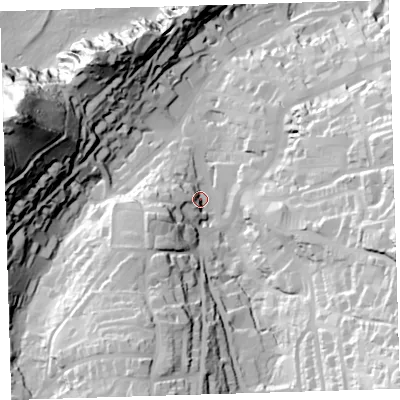 Shaded relief map of the ground around EX348BL, computed from Environment Agency LiDAR. The ground here sits at about 23 m above sea level and falls 99 m across the surrounding 800 m. Surface water reaching this point runs off ground lying to the south-west, 22.0 m higher.