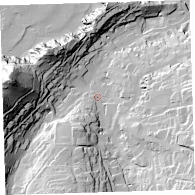 Shaded relief map of the ground around EX348BN, computed from Environment Agency LiDAR. The ground here sits at about 19 m above sea level and falls 99 m across the surrounding 800 m. Surface water reaching this point runs off ground lying to the south-east, 52.4 m higher.