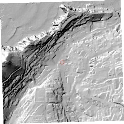 Shaded relief map of the ground around EX348BW, computed from Environment Agency LiDAR. The ground here sits at about 17 m above sea level and falls 99 m across the surrounding 800 m. Surface water reaching this point runs off ground lying to the south-east, 52.3 m higher.