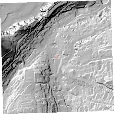 Shaded relief map of the ground around EX348BX, computed from Environment Agency LiDAR. The ground here sits at about 20 m above sea level and falls 90 m across the surrounding 800 m. Surface water reaching this point runs off ground lying to the east, 49.6 m higher.