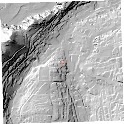 Shaded relief map of the ground around EX348BZ, computed from Environment Agency LiDAR. The ground here sits at about 27 m above sea level and falls 100 m across the surrounding 800 m. Surface water reaching this point runs off ground lying to the south-west, 18.3 m higher.
