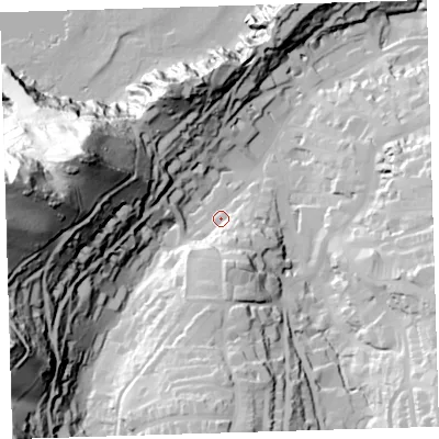Shaded relief map of the ground around EX348DB, computed from Environment Agency LiDAR. The ground here sits at about 22 m above sea level and falls 118 m across the surrounding 800 m. Surface water reaching this point runs off ground lying to the south, 24.6 m higher.