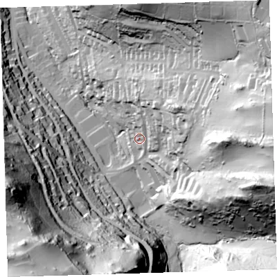 Shaded relief map of the ground around EX348DN, computed from Environment Agency LiDAR. The ground here sits at about 64 m above sea level and falls 131 m across the surrounding 800 m. Surface water reaching this point runs off ground lying to the east-north-east, 35.3 m higher.