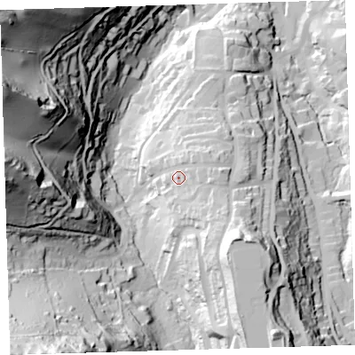 Shaded relief map of the ground around EX348DZ, computed from Environment Agency LiDAR. The ground here sits at about 52 m above sea level and falls 114 m across the surrounding 800 m. Surface water reaching this point runs off ground lying to the south-east, 12.3 m higher.