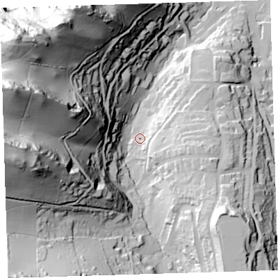 Shaded relief map of the ground around EX348EA, computed from Environment Agency LiDAR. The ground here sits at about 31 m above sea level and falls 123 m across the surrounding 800 m. Surface water reaching this point runs off ground lying to the west-north-west, 112.1 m higher.