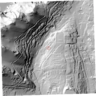 Shaded relief map of the ground around EX348ED, computed from Environment Agency LiDAR. The ground here sits at about 33 m above sea level and falls 129 m across the surrounding 800 m. Surface water reaching this point runs off ground lying to the east-south-east, 17.5 m higher.