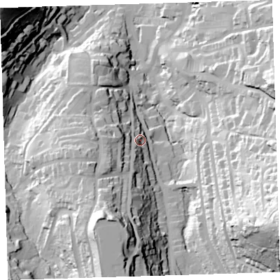 Shaded relief map of the ground around EX348EG, computed from Environment Agency LiDAR. The ground here sits at about 37 m above sea level and falls 85 m across the surrounding 800 m. Surface water reaching this point runs off ground lying to the south-south-west, 40.1 m higher.