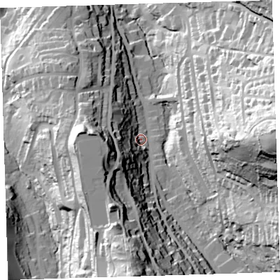 Shaded relief map of the ground around EX348EQ, computed from Environment Agency LiDAR. The ground here sits at about 38 m above sea level and falls 90 m across the surrounding 800 m. Surface water reaching this point runs off ground lying to the south-west, 31.3 m higher.