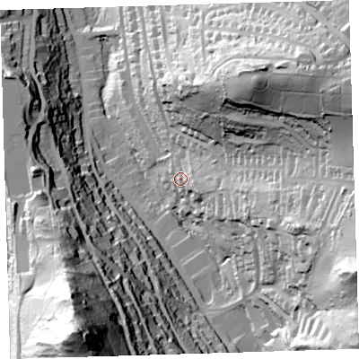 Shaded relief map of the ground around EX348EX, computed from Environment Agency LiDAR. The ground here sits at about 56 m above sea level and falls 126 m across the surrounding 800 m. Surface water reaching this point runs off ground lying to the east-south-east, 13.9 m higher.