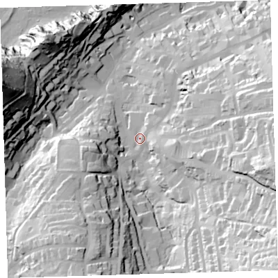 Shaded relief map of the ground around EX348HA, computed from Environment Agency LiDAR. The ground here sits at about 22 m above sea level and falls 89 m across the surrounding 800 m. Surface water reaching this point runs off ground lying to the south-east, 70.7 m higher.