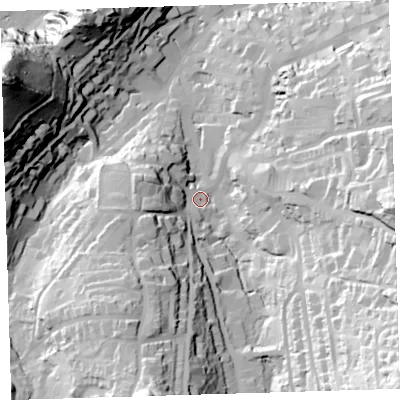 Shaded relief map of the ground around EX348HB, computed from Environment Agency LiDAR. The ground here sits at about 23 m above sea level and falls 99 m across the surrounding 800 m. Surface water reaching this point runs off ground lying to the south-east, 77.2 m higher.