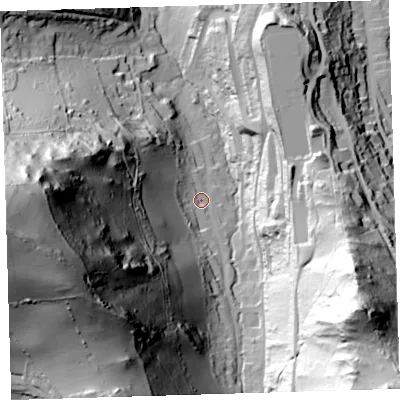 Shaded relief map of the ground around EX348LF, computed from Environment Agency LiDAR. The ground here sits at about 48 m above sea level and falls 156 m across the surrounding 800 m. Surface water reaching this point runs off ground lying to the west-south-west, 138.2 m higher.