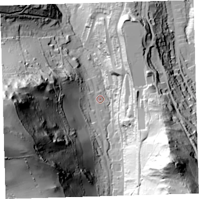 Shaded relief map of the ground around EX348LG, computed from Environment Agency LiDAR. The ground here sits at about 46 m above sea level and falls 154 m across the surrounding 800 m. Surface water reaching this point runs off ground lying to the west-south-west, 139.9 m higher.