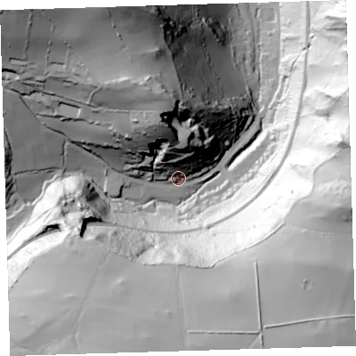 Shaded relief map of the ground around EX348LH, computed from Environment Agency LiDAR. The ground here sits at about 86 m above sea level and falls 121 m across the surrounding 800 m. Surface water reaching this point runs off ground lying to the north-north-west, 66.8 m higher.