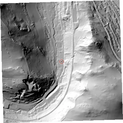 Shaded relief map of the ground around EX348LQ, computed from Environment Agency LiDAR. The ground here sits at about 62 m above sea level and falls 136 m across the surrounding 800 m. Surface water reaching this point runs off ground lying to the south-east, 118.8 m higher.
