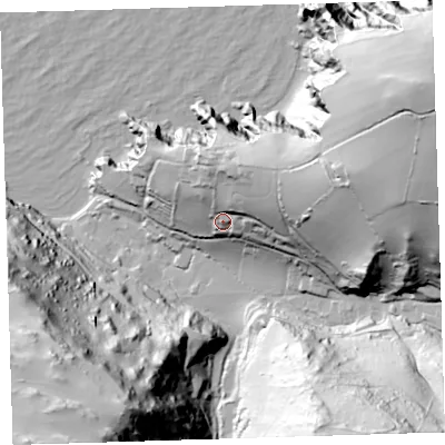 Shaded relief map of the ground around EX348LR, computed from Environment Agency LiDAR. The ground here sits at about 38 m above sea level and falls 117 m across the surrounding 800 m. Surface water reaching this point runs off ground lying to the east-north-east, 46.0 m higher.