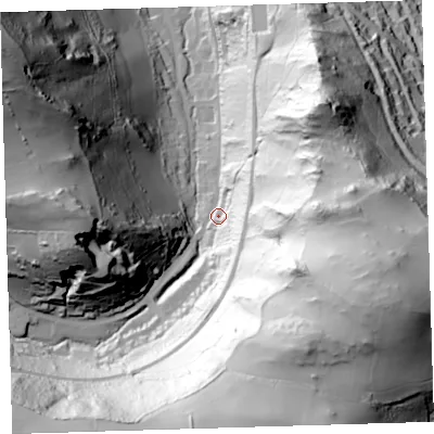 Shaded relief map of the ground around EX348LT, computed from Environment Agency LiDAR. The ground here sits at about 69 m above sea level and falls 133 m across the surrounding 800 m. Surface water reaching this point runs off ground lying to the east-south-east, 114.6 m higher.
