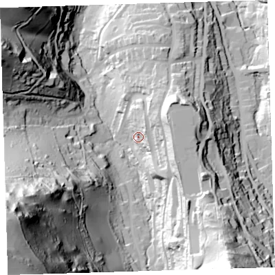 Shaded relief map of the ground around EX348LU, computed from Environment Agency LiDAR. The ground here sits at about 47 m above sea level and falls 161 m across the surrounding 800 m. Surface water reaching this point runs off ground lying to the east, 16.6 m higher.