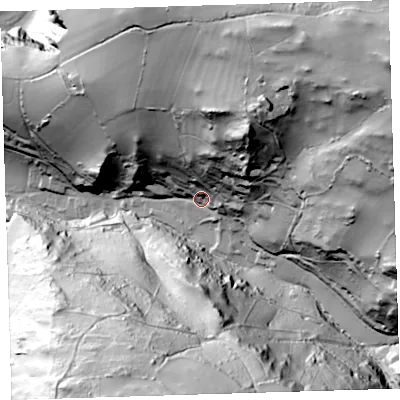Shaded relief map of the ground around EX348LW, computed from Environment Agency LiDAR. The ground here sits at about 43 m above sea level and falls 141 m across the surrounding 800 m. Surface water reaching this point runs off ground lying to the north-east, 73.6 m higher.