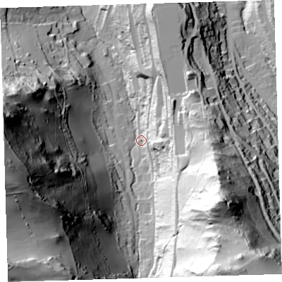 Shaded relief map of the ground around EX348LX, computed from Environment Agency LiDAR. The ground here sits at about 50 m above sea level and falls 144 m across the surrounding 800 m. Surface water reaching this point runs off ground lying to the west-south-west, 129.6 m higher.