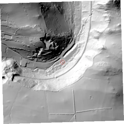 Shaded relief map of the ground around EX348LY, computed from Environment Agency LiDAR. The ground here sits at about 79 m above sea level and falls 124 m across the surrounding 800 m. Surface water reaching this point runs off ground lying to the south-south-east, 94.1 m higher.
