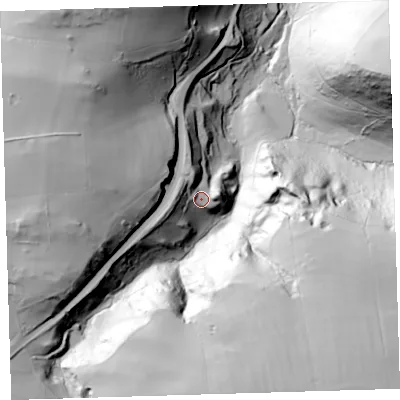 Shaded relief map of the ground around EX348NA, computed from Environment Agency LiDAR. The ground here sits at about 124 m above sea level and falls 123 m across the surrounding 800 m. Surface water reaching this point runs off ground lying to the west-north-west, 15.1 m higher.