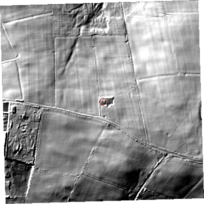 Shaded relief map of the ground around EX348ND, computed from Environment Agency LiDAR. The ground here sits at about 235 m above sea level and falls 44 m across the surrounding 800 m. Surface water reaching this point runs off ground lying to the south-south-east, 7.9 m higher.