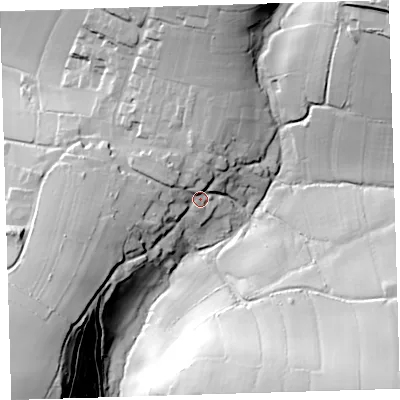 Shaded relief map of the ground around EX348NH, computed from Environment Agency LiDAR. The ground here sits at about 151 m above sea level and falls 60 m across the surrounding 800 m. Surface water reaching this point runs off ground lying to the north, 10.2 m higher.