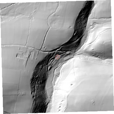 Shaded relief map of the ground around EX348NJ, computed from Environment Agency LiDAR. The ground here sits at about 141 m above sea level and falls 88 m across the surrounding 800 m. Surface water reaching this point runs off ground lying to the west, 43.6 m higher.