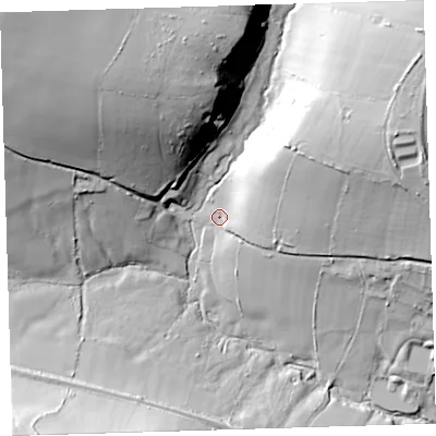 Shaded relief map of the ground around EX348NS, computed from Environment Agency LiDAR. The ground here sits at about 122 m above sea level and falls 64 m across the surrounding 800 m. Surface water reaching this point runs off ground lying to the north-east, 29.2 m higher.