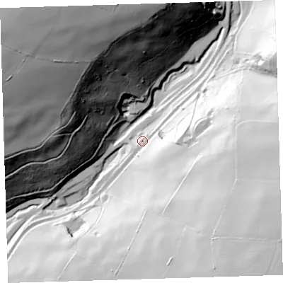 Shaded relief map of the ground around EX348NU, computed from Environment Agency LiDAR. The ground here sits at about 103 m above sea level and falls 125 m across the surrounding 800 m. Surface water reaching this point runs off ground lying to the east-south-east, 78.9 m higher.