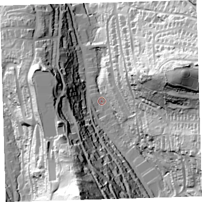 Shaded relief map of the ground around EX348PP, computed from Environment Agency LiDAR. The ground here sits at about 40 m above sea level and falls 110 m across the surrounding 800 m. Surface water reaching this point runs off ground lying to the south-south-west, 95.5 m higher.
