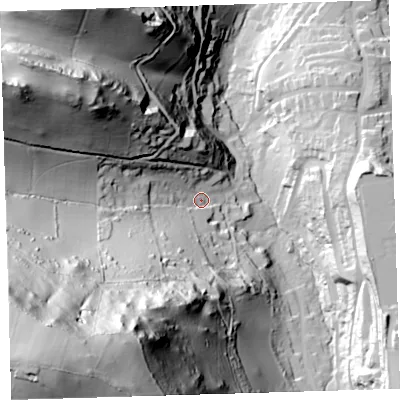 Shaded relief map of the ground around EX348RA, computed from Environment Agency LiDAR. The ground here sits at about 49 m above sea level and falls 180 m across the surrounding 800 m. Surface water reaching this point runs off ground lying to the south-west, 158.7 m higher.