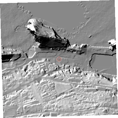 Shaded relief map of the ground around EX349AR, computed from Environment Agency LiDAR. The ground here sits at about 7 m above sea level and falls 91 m across the surrounding 800 m. Surface water reaching this point runs off ground lying to the south, 73.6 m higher.