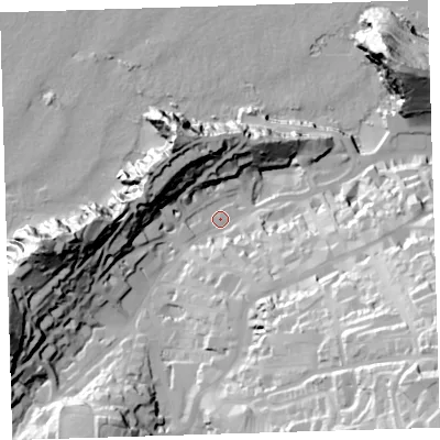 Shaded relief map of the ground around EX349AS, computed from Environment Agency LiDAR. The ground here sits at about 13 m above sea level and falls 77 m across the surrounding 800 m. Surface water reaching this point runs off ground lying to the south-east, 66.5 m higher.