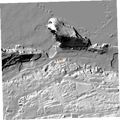 Shaded relief map of the ground around EX349BD, computed from Environment Agency LiDAR. The ground here sits at about 8 m above sea level and falls 92 m across the surrounding 800 m. Surface water reaching this point runs off ground lying to the south-south-east, 72.7 m higher.