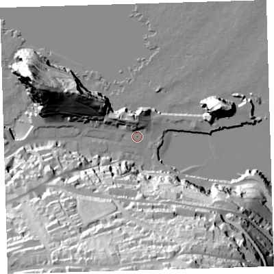 Shaded relief map of the ground around EX349BJ, computed from Environment Agency LiDAR. The ground here sits at about 6 m above sea level and falls 90 m across the surrounding 800 m. Surface water reaching this point runs off ground lying to the south-south-west, 74.8 m higher.
