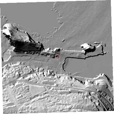 Shaded relief map of the ground around EX349BL, computed from Environment Agency LiDAR. The ground here sits at about 7 m above sea level and falls 89 m across the surrounding 800 m. Surface water reaching this point runs off ground lying to the west-north-west, 7.7 m higher.