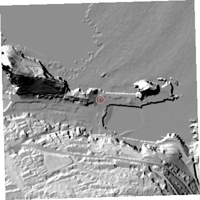 Shaded relief map of the ground around EX349BN, computed from Environment Agency LiDAR. The ground here sits at about 7 m above sea level and falls 82 m across the surrounding 800 m. Surface water reaching this point runs off ground lying to the west-north-west, 7.3 m higher.
